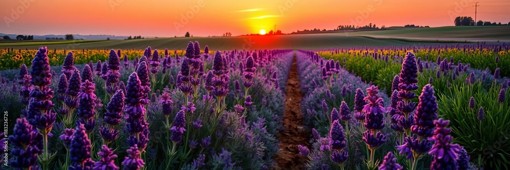 Naklejka premium Lavender field in full bloom under a colorful summer sunset sky, lavender, purple