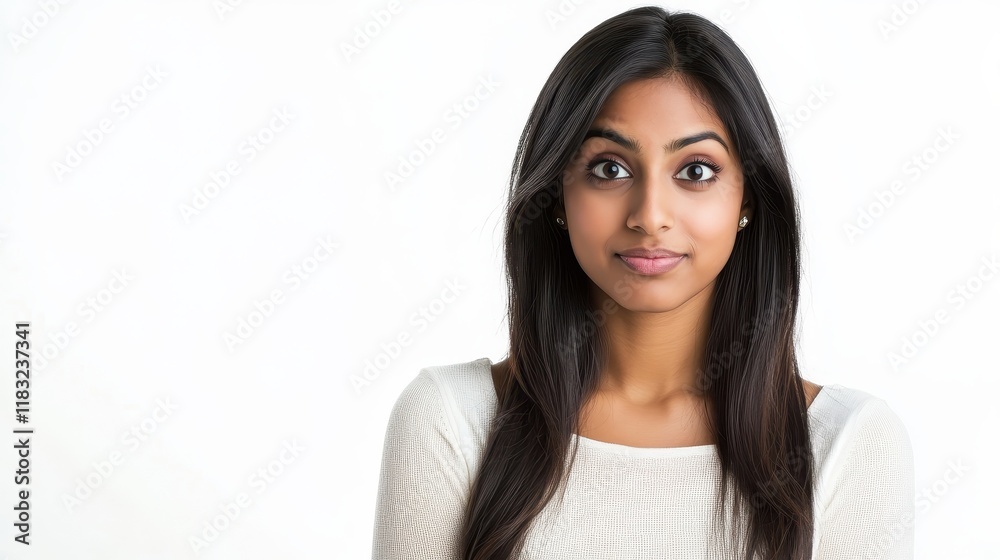 Young Woman With Long Dark Hair Wearing White Top Young Woman With Long Dark Hair Wearing White Top
