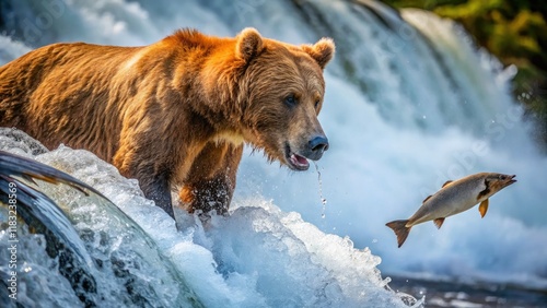 Alaskan brown bear's dramatic salmon catch at Brooks Falls, captured with stunning high depth of field. photo