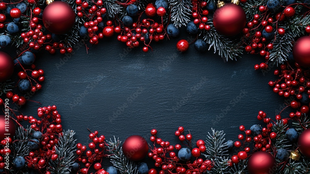 Festive Christmas Border with Red Berries and Ornaments