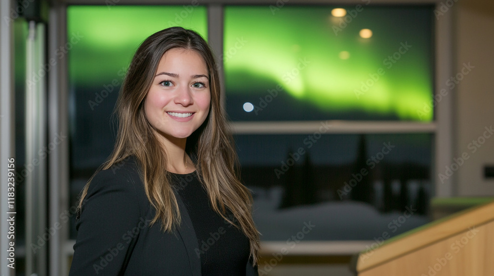 Fototapeta premium Young woman smiling in front of northern lights in a modern indoor setting at night