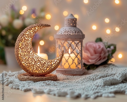 Festive Ramadan decor with crescent moon, lantern, candles, and flowers.
