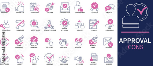 Approval flat icons set. Check mark, certified, validation, agreement, thumps up, settings, shield icons and more signs. Flat icon collection.