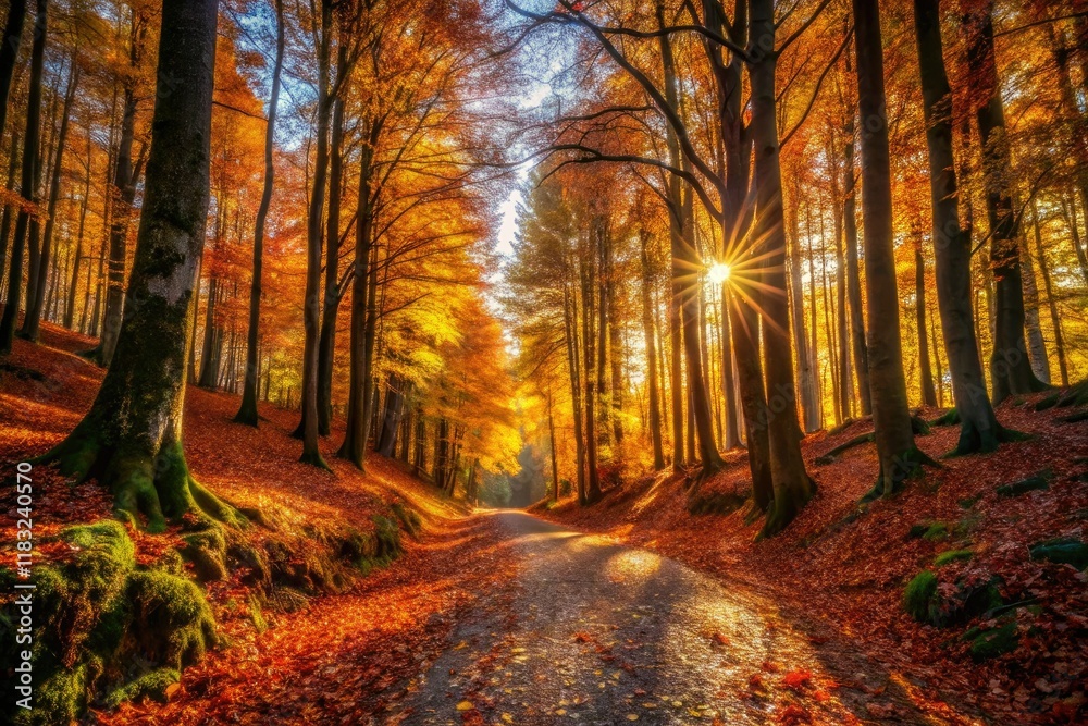 Fototapeta premium Autumn sunlight silhouettes Irati Forest's beech and fir trees along a Navarra path.