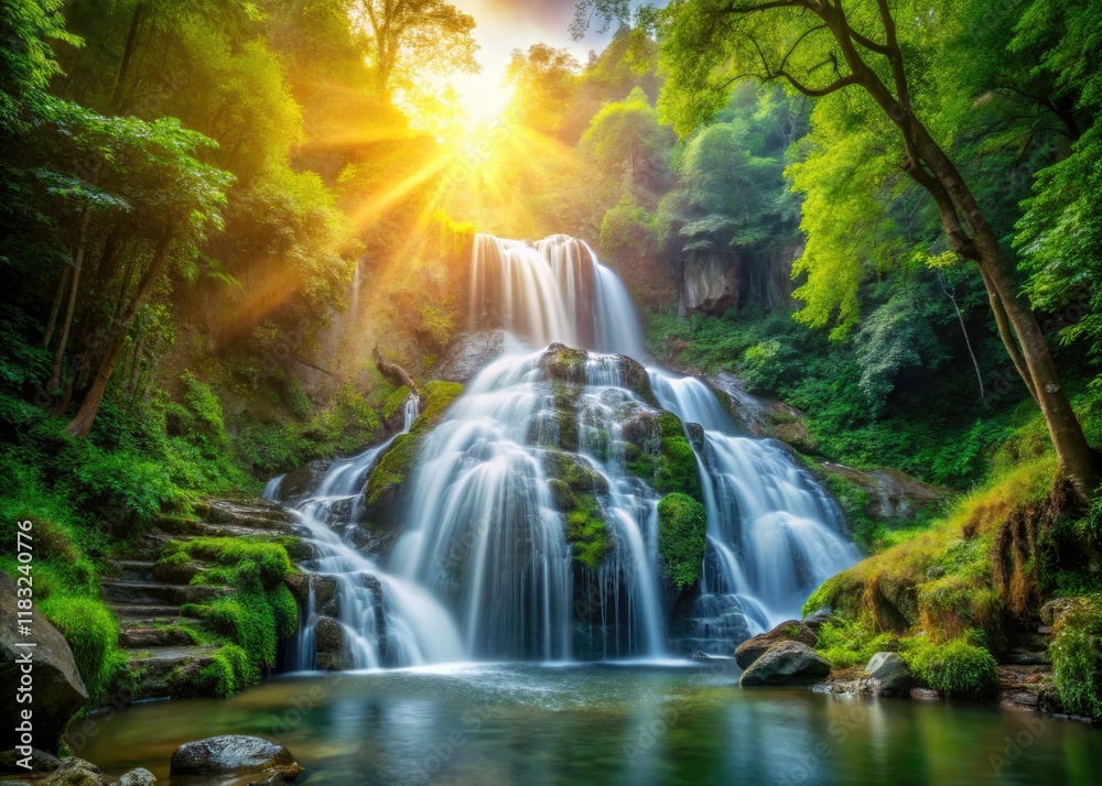 Epic cascade plunges from majestic heights, framing ancient trees; a breathtaking waterfall spectacle. Epic cascade plunges from majestic heights, framing ancient trees; a breathtaking waterfall spectacle.