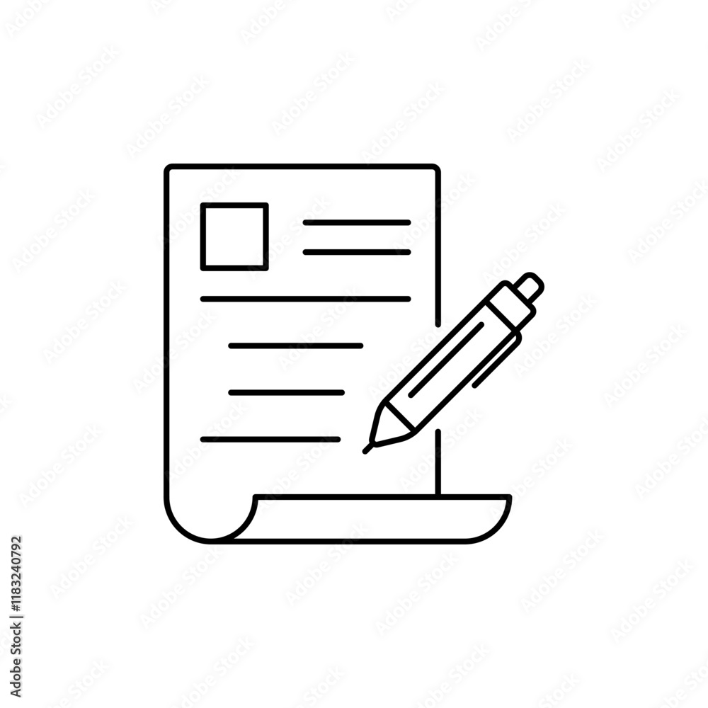 Outline icon Paper and Pen with a pen on it, depicting a writing task. Outline icon Paper and Pen with a pen on it, depicting a writing task.