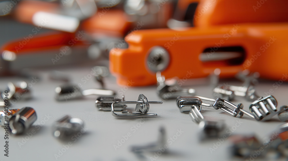 Heavy duty staple gun with metal staples scattered on work surface, showcasing tools for crafting and repairs Heavy duty staple gun with metal staples scattered on work surface, showcasing tools for crafting and repairs