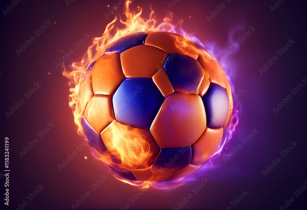 Naklejka premium purple effects ball fire soccer blue orange beautiful football sport game black olated white goal object play sphere equipment flames illustration