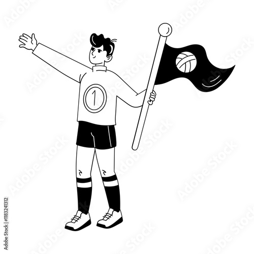 A sports character holding flag illustration in hand drawn style 

