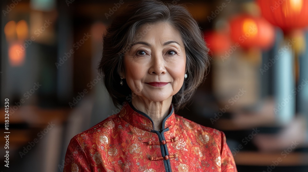 A dignified woman in traditional attire poses against a backdrop of vibrant lanterns. A dignified woman in traditional attire poses against a backdrop of vibrant lanterns.