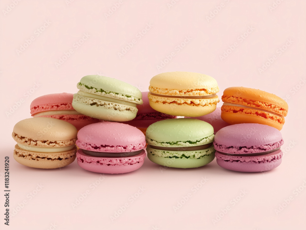 Delightful Vibrant Macarons: A Playful Colorful Treat Against a Soft Pink Backdrop, Perfect for Any Sweet Occasion!
