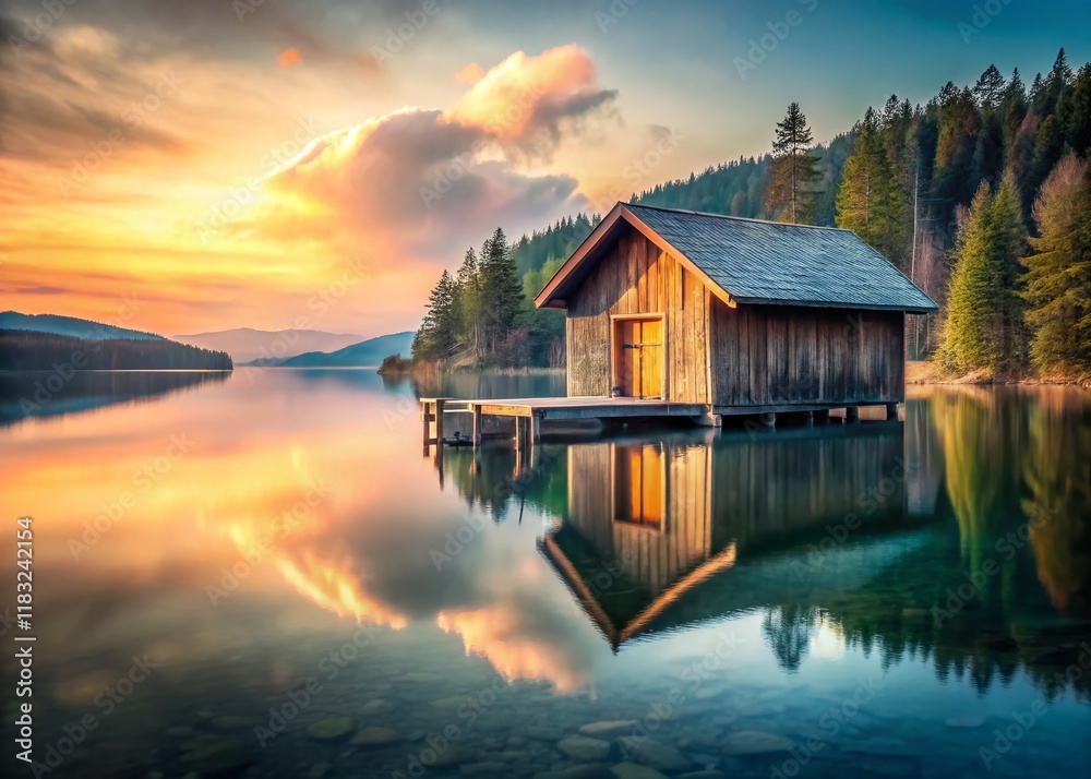 Fototapeta premium Minimalist Rustic Cabin Lake House Serenity Peaceful Nature Escape