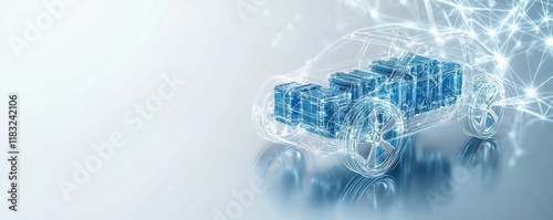 A futuristic electric car design made of blue blocks, symbolizing innovation and technology in the automotive industry.