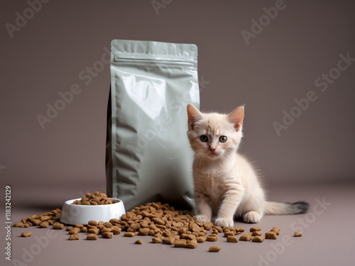 A cream-colored kitten sitting next to a pile of dry cat food, with a food bowl and a sealed package in the background. Suitable for pet care and food product themes. photo