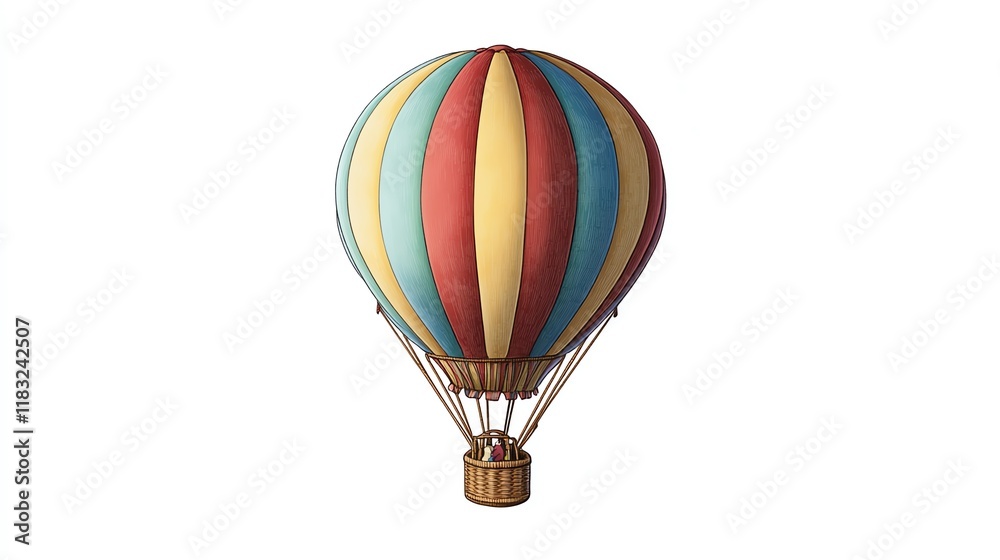 Fototapeta premium a 2D cartoon illustration of a hot air balloon floating in the sky, colorful and whimsical, white background--ar 16:9