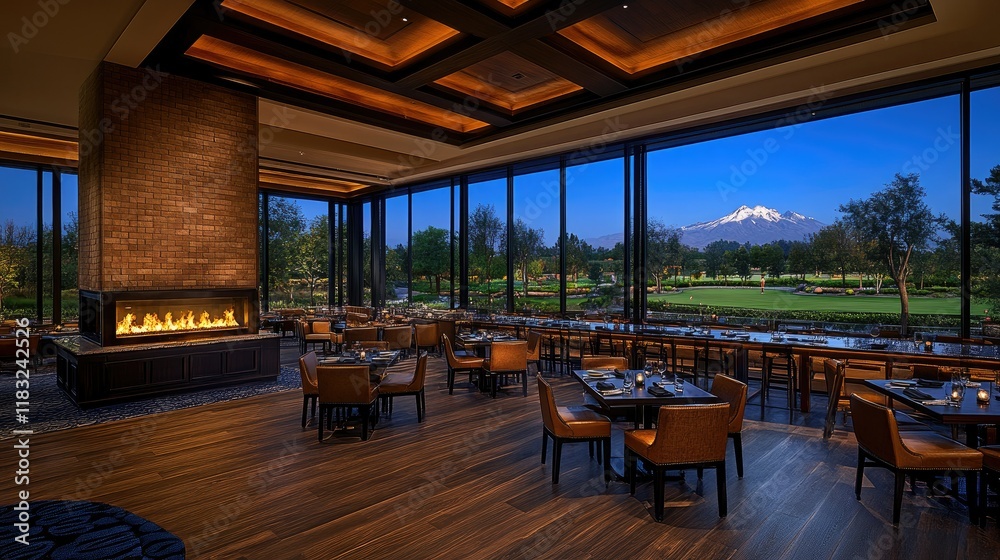 Fototapeta premium Luxurious Restaurant With Mountain View And Fireplace