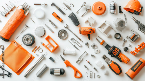 variety of industrial tools and electrical repair equipment orange. This collection showcases essential items for maintenance and construction photo