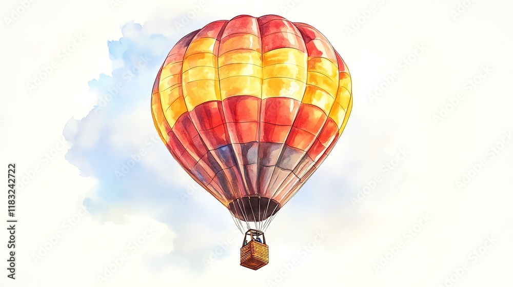 Fototapeta premium a 2D cartoon illustration of a hot air balloon floating in the sky, colorful and whimsical, white background--ar 16:9