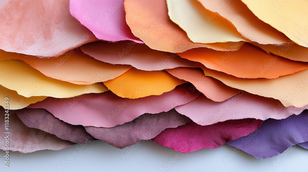 Fototapeta premium Layers of colorful textured material arranged in a wave-like pattern.