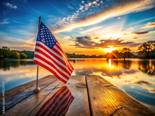 Close-up patriotic lake views: USA flag, celebrating Independence, Veterans, and Presidents' Days.