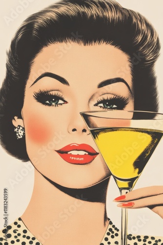 vintage woman toasting with a martini glass, new years celebration.
