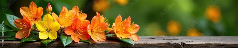 Orange and yellow rhododendron flowers on a wooden bench, nature, botanical Orange and yellow rhododendron flowers on a wooden bench, nature, botanical