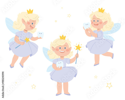 Set of magical tooth fairies with wings, teeth and a magic wand. Fairytale character for children. Dental care vector illustration