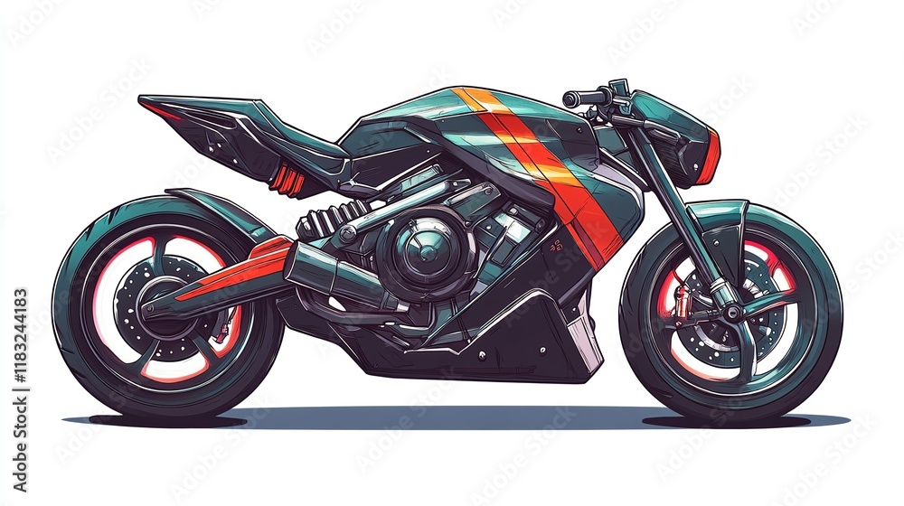a 2D cartoon illustration of a sports bike with racing stripes, fast and sporty, white background--ar 16:9 a 2D cartoon illustration of a sports bike with racing stripes, fast and sporty, white background--ar 16:9