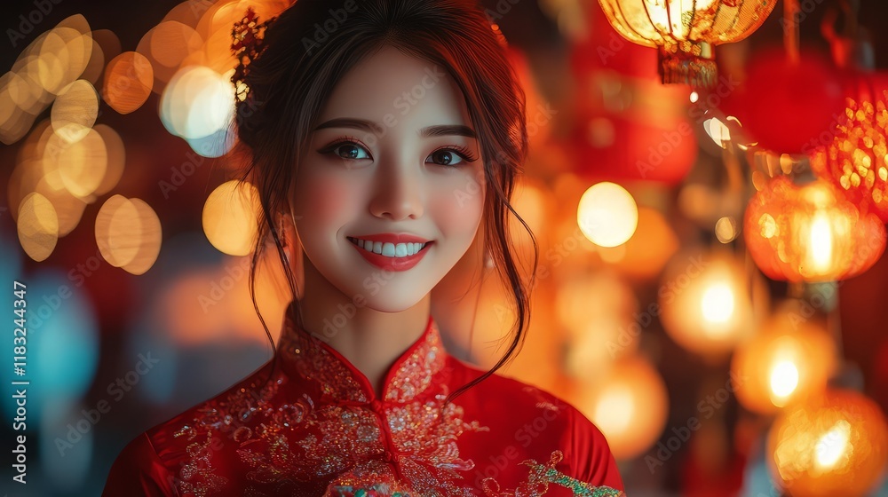 A smiling woman in traditional attire with lanterns in a festive atmosphere. A smiling woman in traditional attire with lanterns in a festive atmosphere.