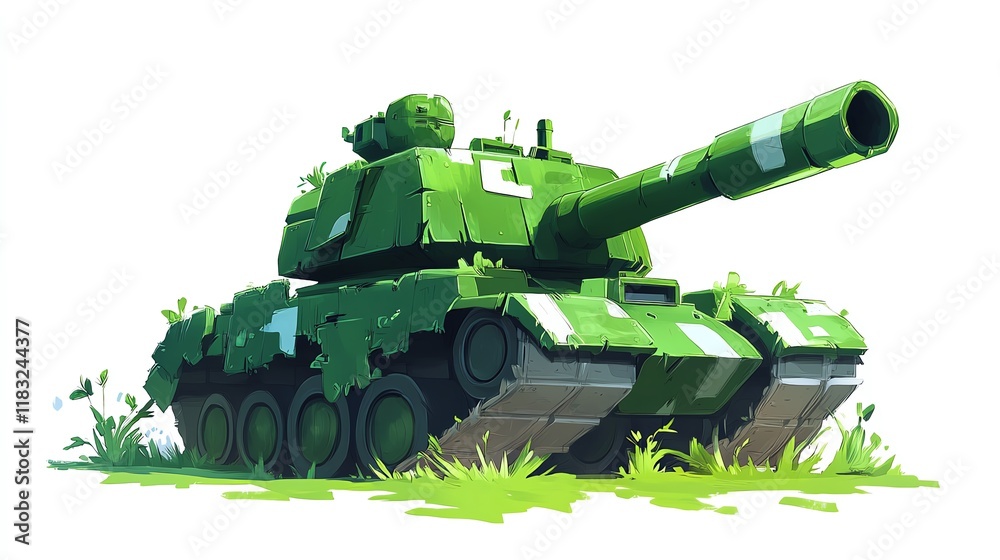 a 2D cartoon illustration of a green army tank on the move, powerful and protective, white background--ar 16:9 a 2D cartoon illustration of a green army tank on the move, powerful and protective, white background--ar 16:9