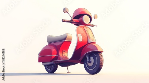 a 2D cartoon illustration of a classic red scooter with a helmet, fun and stylish, white background--ar 16:9