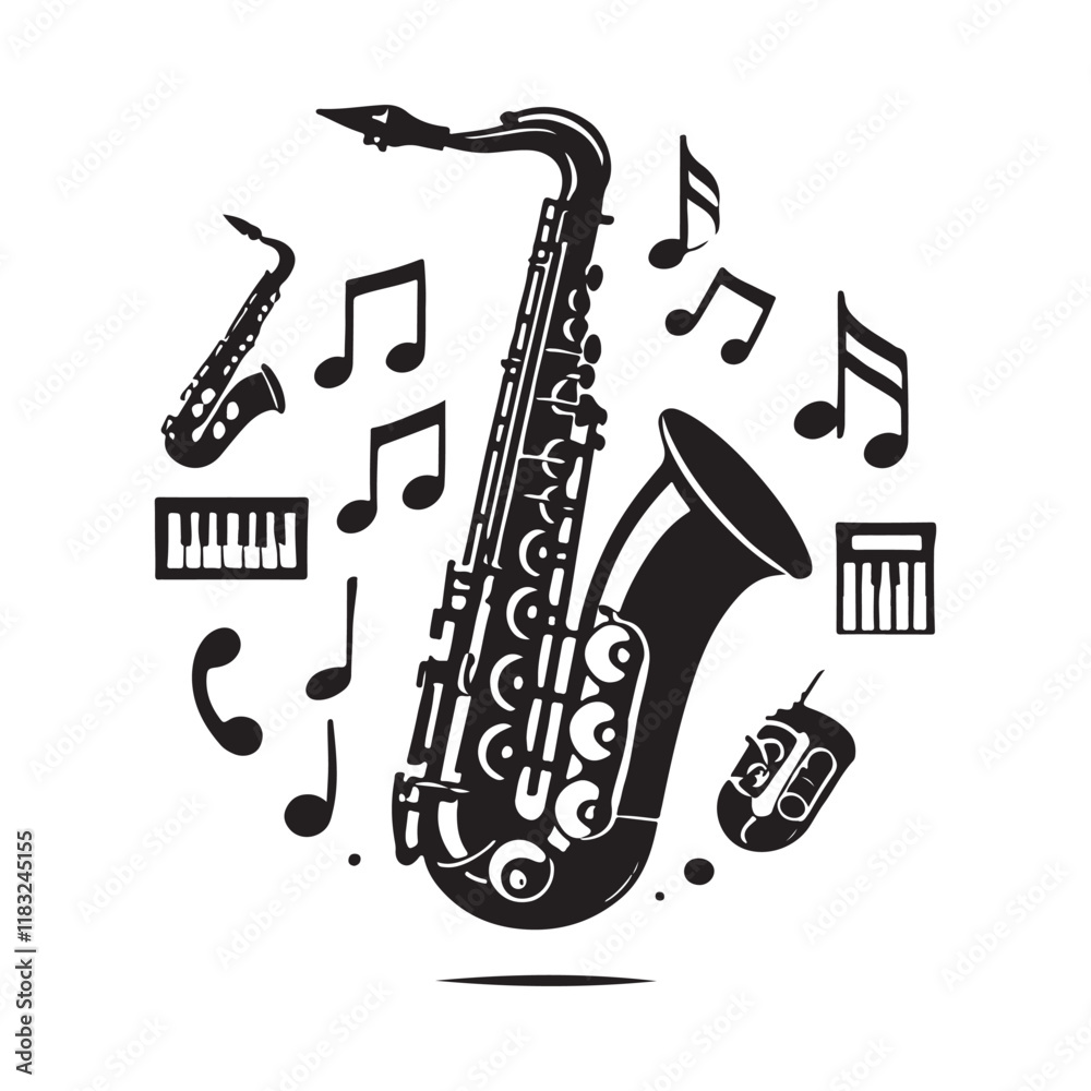 Naklejka premium Saxophone Silhouette Vector Illustration, Solid White Background.
