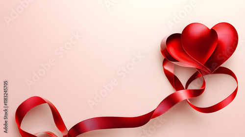 bright red ribbon curves into two heart shapes on the left side and divides the space for text
