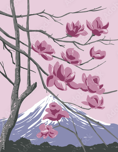 WPA poster art of magnolia soulangeana or saucer magnolia blossoms with Mount Taranaki with Egmont National Park in New Zealand done in works project administration or federal art project style.
