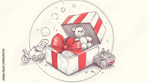 detailed line art illustration of a large gift box with a red ribbon tied into a beautiful bow. The box lid is open, revealing a collection of children's toys inside