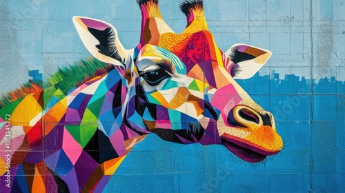 A colorful mural on a brick wall depicts a vibrant, geometric giraffe. photo