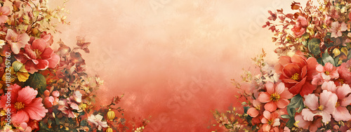 illustrated background concept for Chinese New Year, featuring vibrant blooming flowers like cherry blossoms and peonies in rich red, pink, and gold tones. 