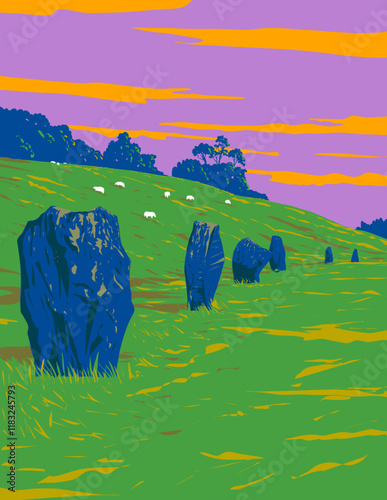 WPA poster art of the Neolithic henge monument stone circles in the northwest sector of Avebury in Wiltshire, England  done in works project administration or federal art project style.