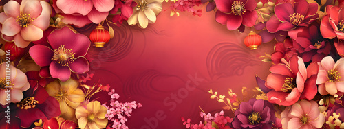 illustrated background concept for Chinese New Year, featuring vibrant blooming flowers like cherry blossoms and peonies in rich red, pink, and gold tones. 