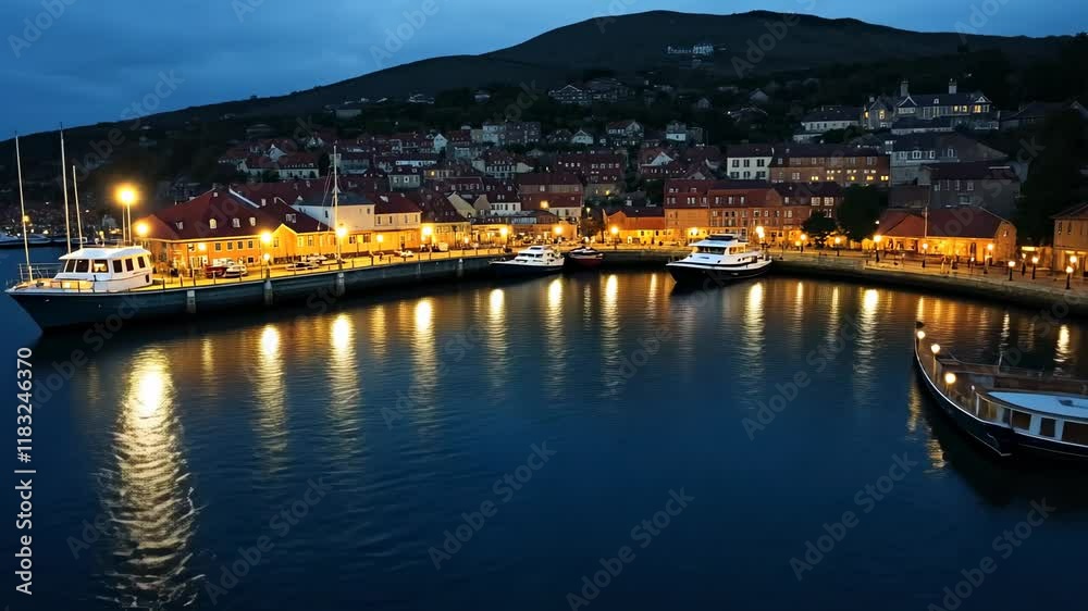 Night Harbor Aerial View: Illuminated Waterfront Village Night Harbor Aerial View: Illuminated Waterfront Village