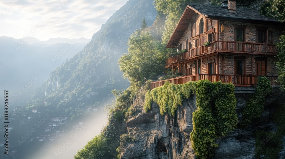 Ancient hillside house carved into rock, with wooden balconies, moss and vines growing on the walls, soft morning light Ancient hillside house carved into rock, with wooden balconies, moss and vines growing on the walls, soft morning light