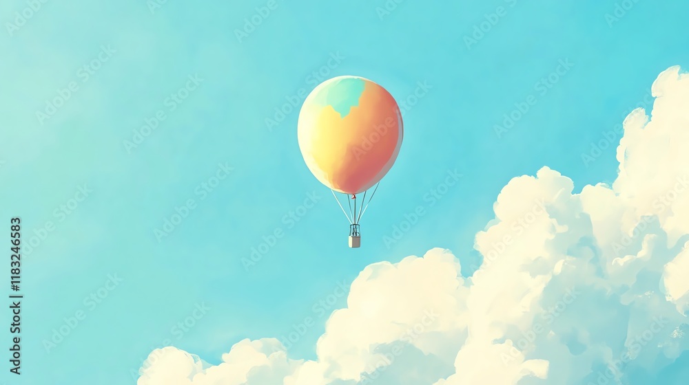 Obraz premium a 2D cartoon illustration of a colorful balloon in the sky, light and floating, white background--ar 16:9
