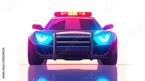 a 2D cartoon illustration of a police car with flashing lights, emergency response, white background--ar 16:9 photo