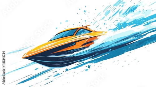 a 2D cartoon illustration of a racing boat speeding through the water, thrilling and fast, white background--ar 16:9 photo