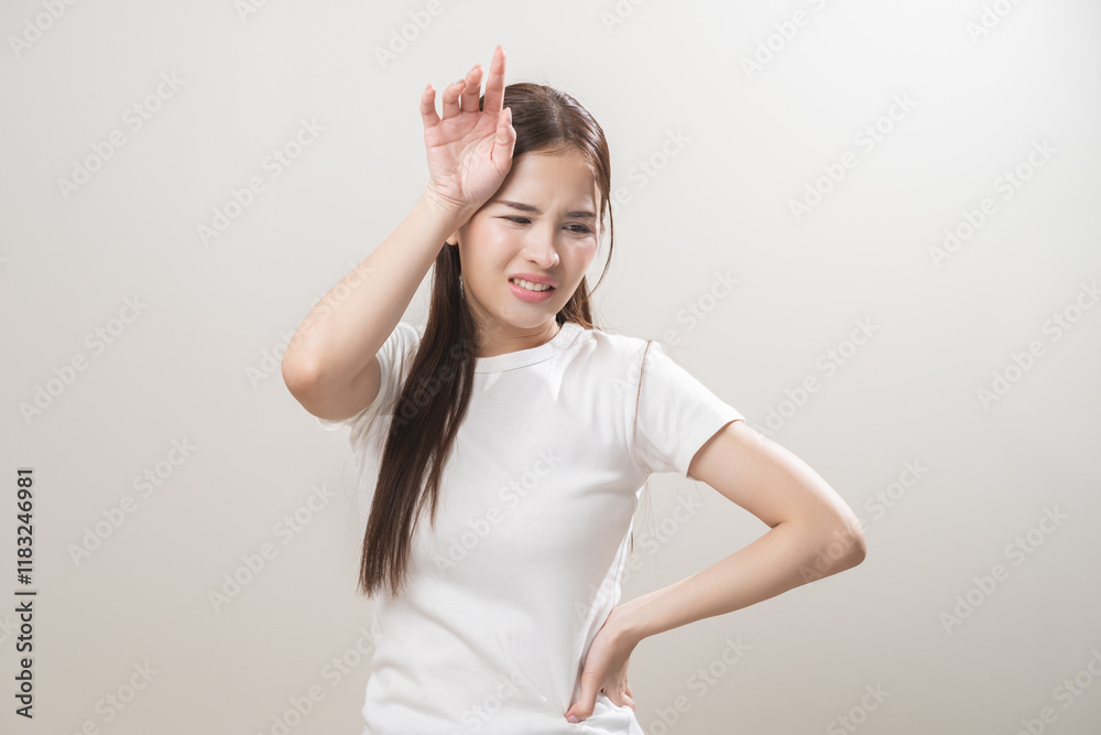 Hot weather and health care concept asian young woman suffering from heat, feeling discomfort with sunstroke at summer, hand holding on face, female gesture fatigue wearing t-shirt in high temperature Hot weather and health care concept asian young woman suffering from heat, feeling discomfort with sunstroke at summer, hand holding on face, female gesture fatigue wearing t-shirt in high temperature