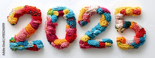 beautifully crocheted with 2025 made of vibrant and colorful yarns, each number featuring intricate and artistic crochet patterns in bold and bright hues like red