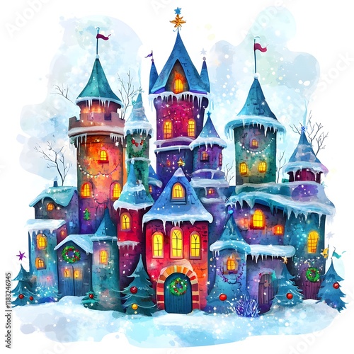 colorful spooky Christmas castle illustration in watercolor style, isolated on a white or transparent background