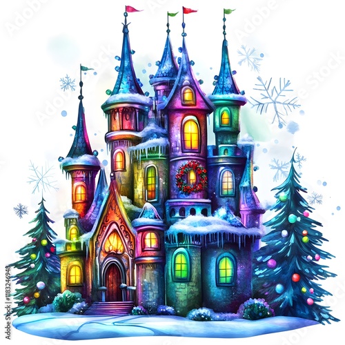 colorful spooky Christmas castle illustration in watercolor style, isolated on a white or transparent background