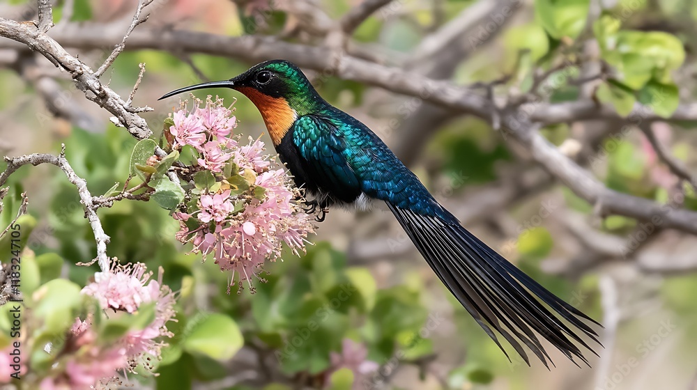 Obraz premium Vivid hummingbird feeding on pink flowers.