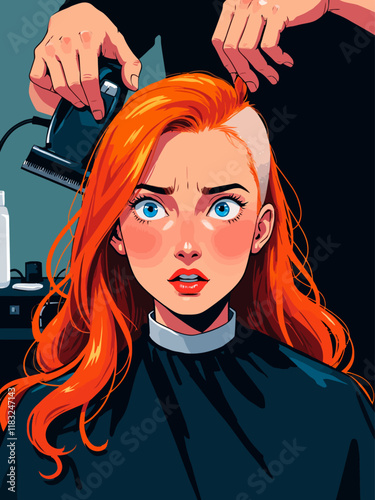 A dramatic graphic novel-style 2D illustration of a barbershop scene. The woman has ginger hair with subtle copper highlights and soft auburn lowlights